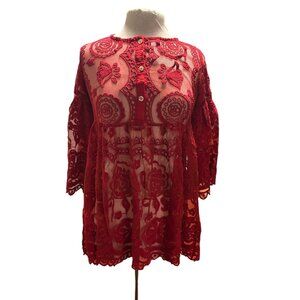Free People Womens Red Lace Embroidered Tunic Dress By Jens Pirate Booty S